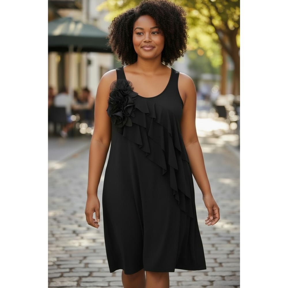 Nic&Dom Black Ruffle Flower Mini Dress Sleeveless Scoop Neck Cocktail Romantic